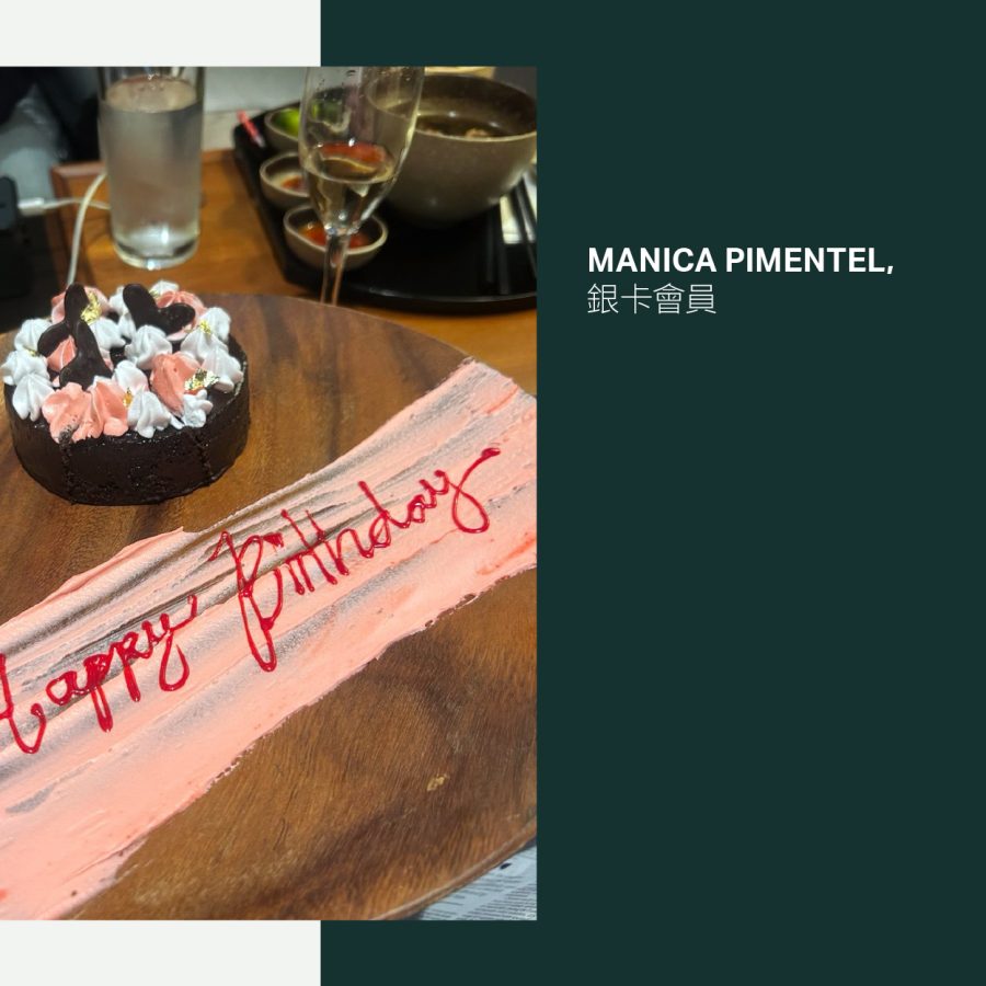 A chocolate birthday cake on a plate at the Cathay Pacific lounge at Ninoy Aquino International Airport in Manila